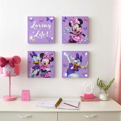Disney Minnie Mouse LED Canvas Wall Art – 4-Pack Set for Kids – Light-Up 11x11” Panels – Minnie Room Décor for Girls – Battery Operated Wall Hanging for Bedroom or Playroom
