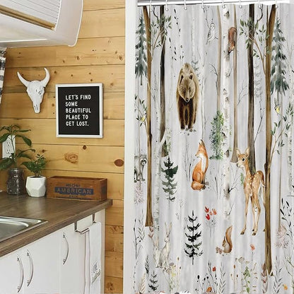 JAWO Rustic Forest Shower Curtains, Lodge Cabin Woodsy RV Shower Curtain, Wildlife Animals Woodland Campers Camping Bathroom Set with Hooks, 54x72 Inch, Grey
