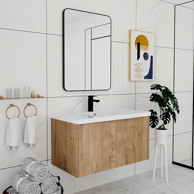 36 Inch Bathroom Vanity with Sink, Modern Wall Mount Floating Bathroom Vanity Set, Brown Vanity, Ceramic Sink and Soft Close Door