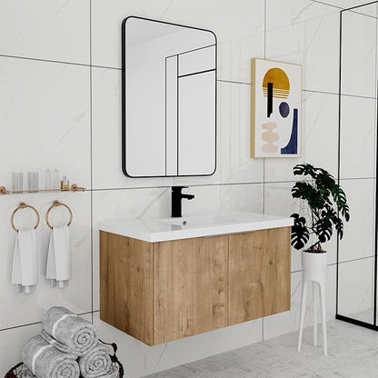 36 Inch Bathroom Vanity with Sink, Modern Wall Mount Floating Bathroom Vanity Set, Brown Vanity, Ceramic Sink and Soft Close Door
