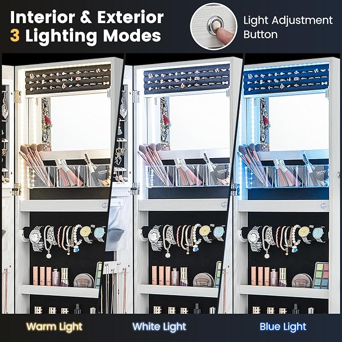 CHARMAID LED Mirror Jewelry Cabinet, Lockable Jewelry Armoire with Adjustable Lighted Full Length Mirror, 3 Lighting Sets, Wall Mounted Door Hanging Jewelry Storage Organizer (Grayish White, 42.5''H)