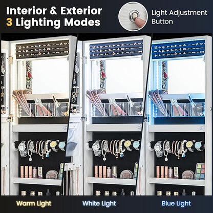 CHARMAID LED Mirror Jewelry Cabinet, Lockable Jewelry Armoire with Adjustable Lighted Full Length Mirror, 3 Lighting Sets, Wall Mounted Door Hanging Jewelry Storage Organizer (Grayish White, 42.5''H)