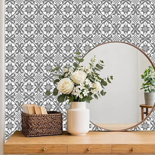 Gray White Floral Geometric Peel and Stick Floor Tiles 12x12 Inch 10PCS | Gray and white floral geometric pattern vinyl floor stickers for kitchen bathroom entryway and indoor home decor