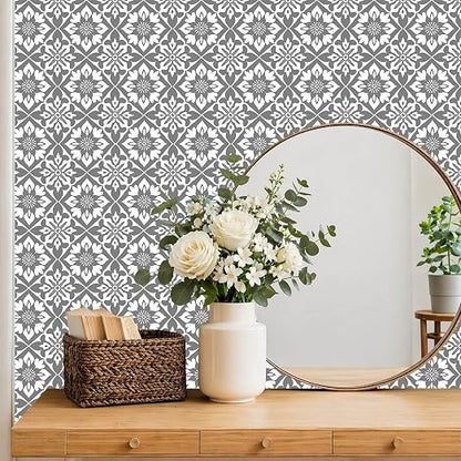 Gray White Floral Geometric Peel and Stick Floor Tiles 12x12 Inch 10PCS | Gray and white floral geometric pattern vinyl floor stickers for kitchen bathroom entryway and indoor home decor