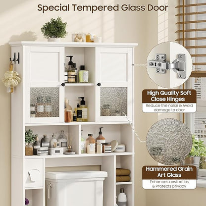 Over The Toilet Storage Cabinet, Bathroom Shelf Over Toilet with Hammered Grain Glass Doors and Adjustable Shelves, Freestanding Home Space Save Toilet Rack for Restroom, Bathroom, Laundry (White)