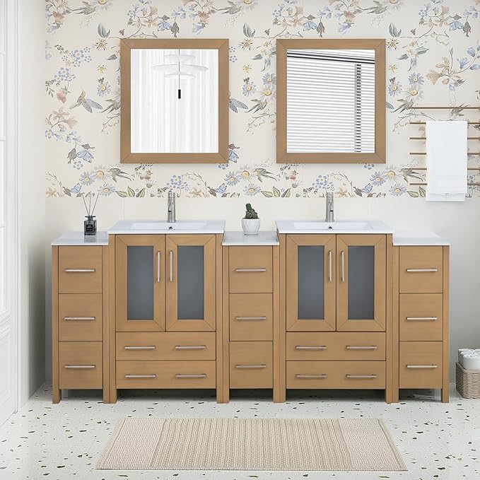 HOMEBEYOND 84 Inch Modern Bathroom Vanity with Sink & Mirror, Double Sink Vanity Cabinet with Basin and Mirror, Dove-Tailed Drawers, Soft-Closing Doors, Wood, Natural Oak