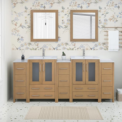 HOMEBEYOND 84 Inch Modern Bathroom Vanity with Sink & Mirror, Double Sink Vanity Cabinet with Basin and Mirror, Dove-Tailed Drawers, Soft-Closing Doors, Wood, Natural Oak