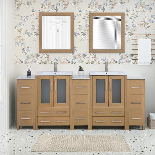 HOMEBEYOND 84 Inch Modern Bathroom Vanity with Sink & Mirror, Double Sink Vanity Cabinet with Basin and Mirror, Dove-Tailed Drawers, Soft-Closing Doors, Wood, Natural Oak