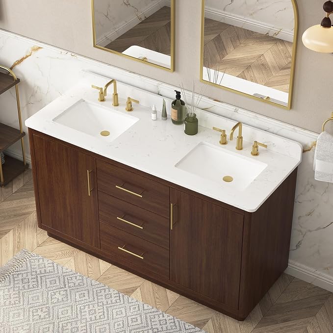 60"Bathroom Vanity with Double Sink,Ceramic Sink Vanity with Engineered Stone Countertop,Wood Frame Bathroom Storage Cabinet No Installation Required& Soft Closing Drawers, Light Walnut
