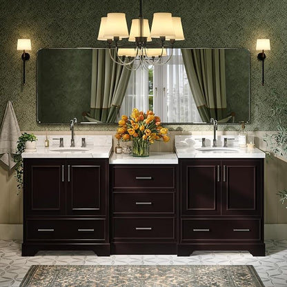 ARIEL Stafford 84-inch Bathroom Vanity with Sink,Solid Wood, 1.5in Carrara White Quartz Countertop & Backsplash, Double Oval Porcelain Sink, 4 Soft Closing Doors, 5 Dovetail Drawers, Espresso