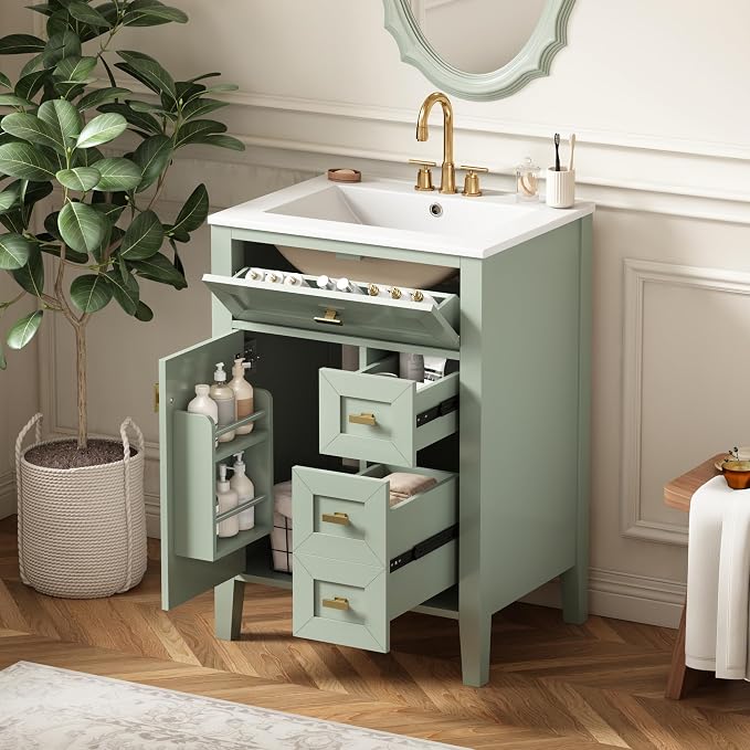 Merax 24 Inch Bathroom Vanities with Undermount Ceramic Sink, Tip-Over Drawer and Side Drawers, Soft Closing Door with Shelf, Solid Wood Frame, Light Green