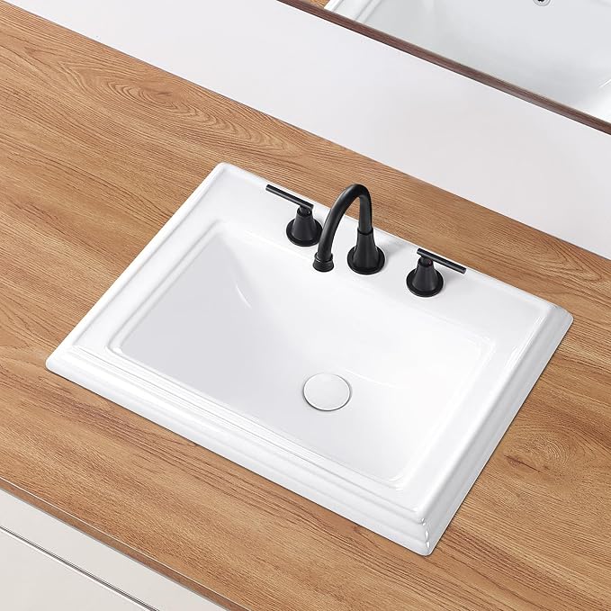 23" Drop-in Bathroom Sink with 8" Widespread 3 Hole Ceramic Basin | 23.2"x18.3”,White Ceramic Rectangle Semi-recessed Vanity Basin, Self-Rimming for Modern Bathroom Remodel and Home Renovation