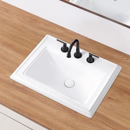 23" Drop-in Bathroom Sink with 8" Widespread 3 Hole Ceramic Basin | 23.2"x18.3”,White Ceramic Rectangle Semi-recessed Vanity Basin, Self-Rimming for Modern Bathroom Remodel and Home Renovation