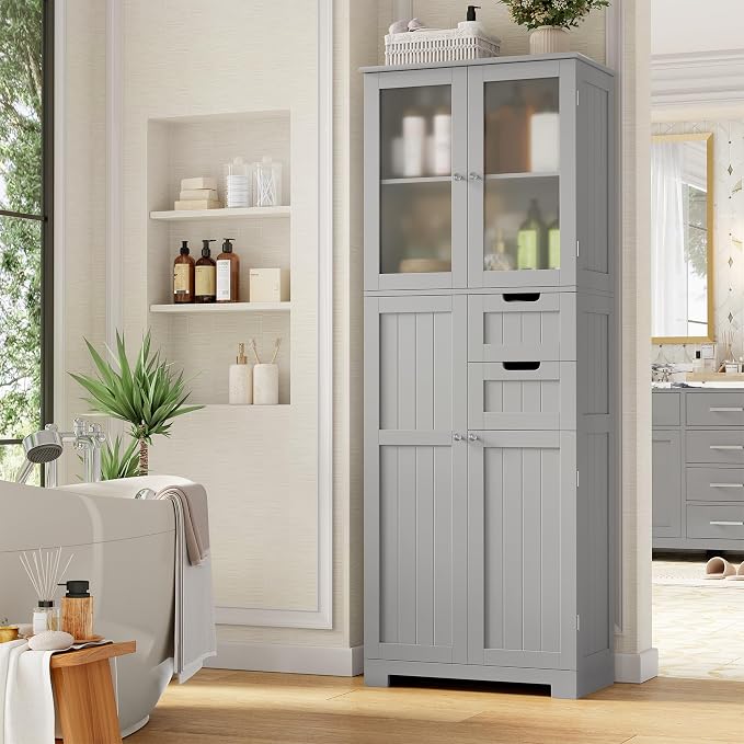 BOTLOG 67'' Tall Bathroom Storage Cabinet with Adjustable Shelf | Frosted Glass Doors, Wood Drawers, Kitchen Pantry Line Cabinet for Kitchen Bathroom, Living Room, Grey