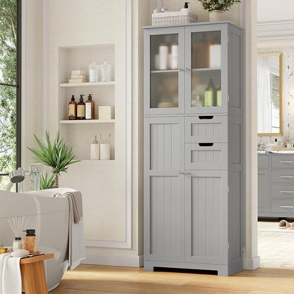 BOTLOG 67'' Tall Bathroom Storage Cabinet with Adjustable Shelf | Frosted Glass Doors, Wood Drawers, Kitchen Pantry Line Cabinet for Kitchen Bathroom, Living Room, Grey