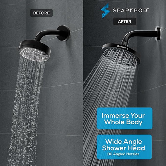 SparkPod Rain Shower Head, 8 Inch Round, Midnight Black Matte Finish | High Pressure Shower Heads, 90 Nozzles, Adjustable Showerhead, No Tools Needed, Universal Connection