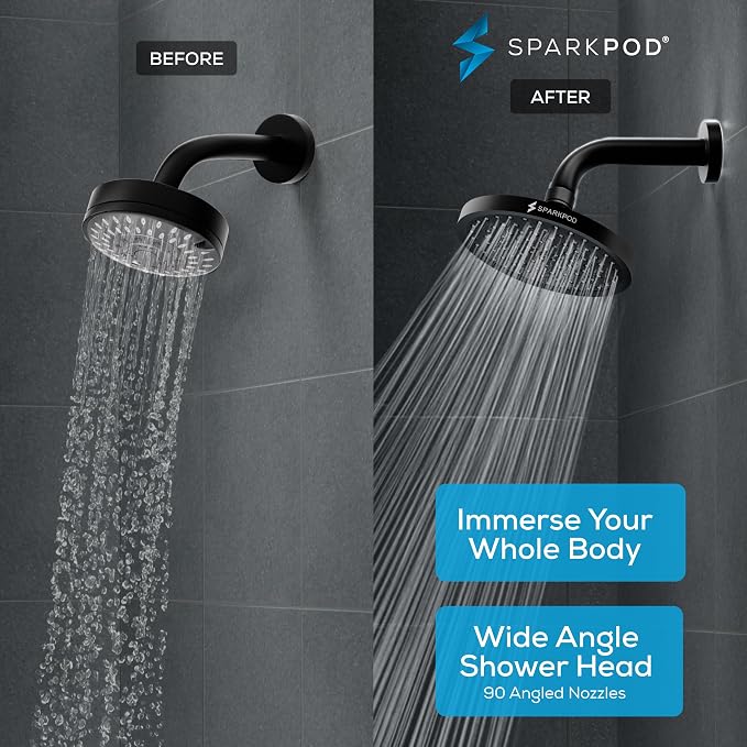 SparkPod Rain Shower Head, 8 Inch Round, Midnight Black Matte Finish | High Pressure Shower Heads, 90 Nozzles, Adjustable Showerhead, No Tools Needed, Universal Connection