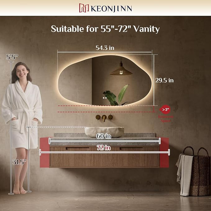 Keonjinn Irregular LED Mirror for Bathroom 55 x 30 Inch, Tempered Glass | Asymmetrical Backlit Bathroom Mirror, Stepless Dimmable with 3 Colors, Fast Defogging, Memory Function, Plug-in/Hardwired