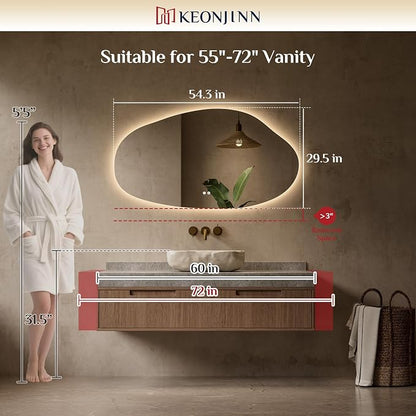 Keonjinn Irregular LED Mirror for Bathroom 55 x 30 Inch, Tempered Glass | Asymmetrical Backlit Bathroom Mirror, Stepless Dimmable with 3 Colors, Fast Defogging, Memory Function, Plug-in/Hardwired