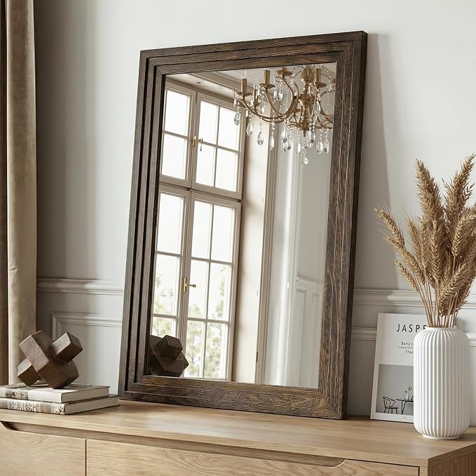 Farmhouse Rustic Wood Framed Bathroom Vanity Mirror for Wall, 20x30, Brown | Recessed Stepped Solid Wood Frame, HD Shatterproof Glass, Vertical/Horizontal Mount, for Bathroom Sink, Living Room, Entryway