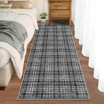 Tartan Plaid Washable Runner Rug 2.5x12 Non Slip Kitchen Rugs Modern Indoor Entryway Rug Soft Bath Mat Stain Resistant Carpet for Bedroom Hallway Laundry Black