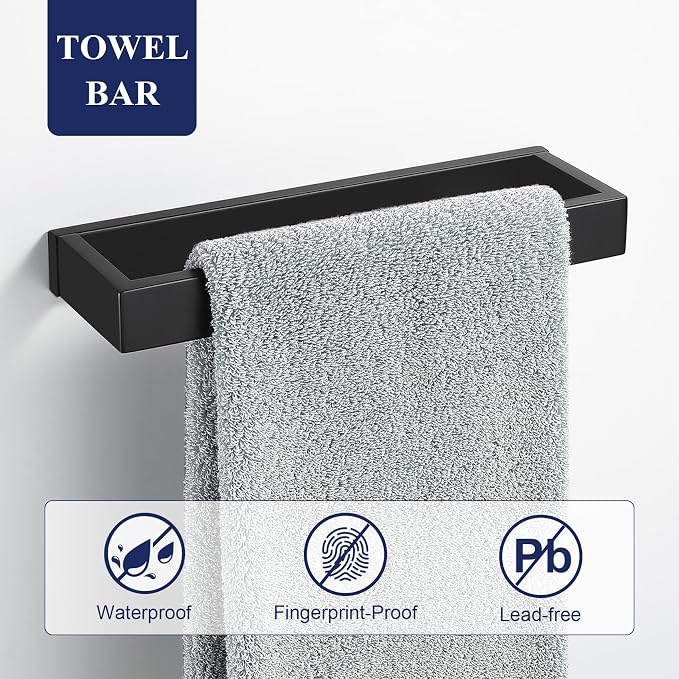 Matte Black Bathroom Accessories, Toilet Paper Holder, Towel Bar and Hook | Lairuier 3 Pieces Bathroom Hardware Set, SUS304 Stainless Steel Towel Holder Set Toilet Paper Holder Robe Hook Wall Mounted