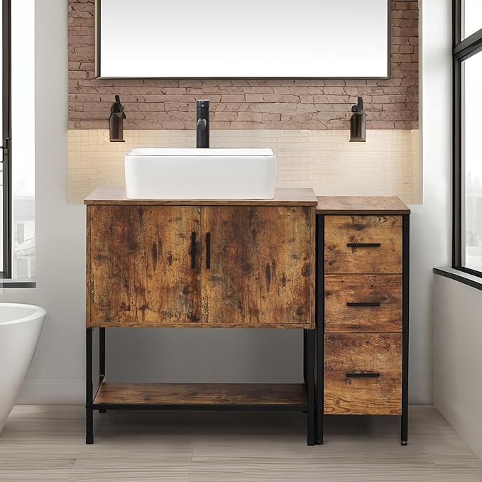 UEV 42" Rustic Brown Bathroom Vanity with Sink Combo,Industrial Iron Frame Bathroom Cabinet Sets with 3 Drawers Side Cabinet,Modern Artistic Ceramic Vessel Sink(031WH)