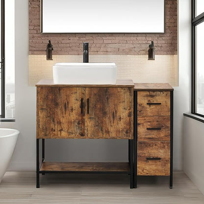 UEV 42" Rustic Brown Bathroom Vanity with Sink Combo,Industrial Iron Frame Bathroom Cabinet Sets with 3 Drawers Side Cabinet,Modern Artistic Ceramic Vessel Sink(031WH)