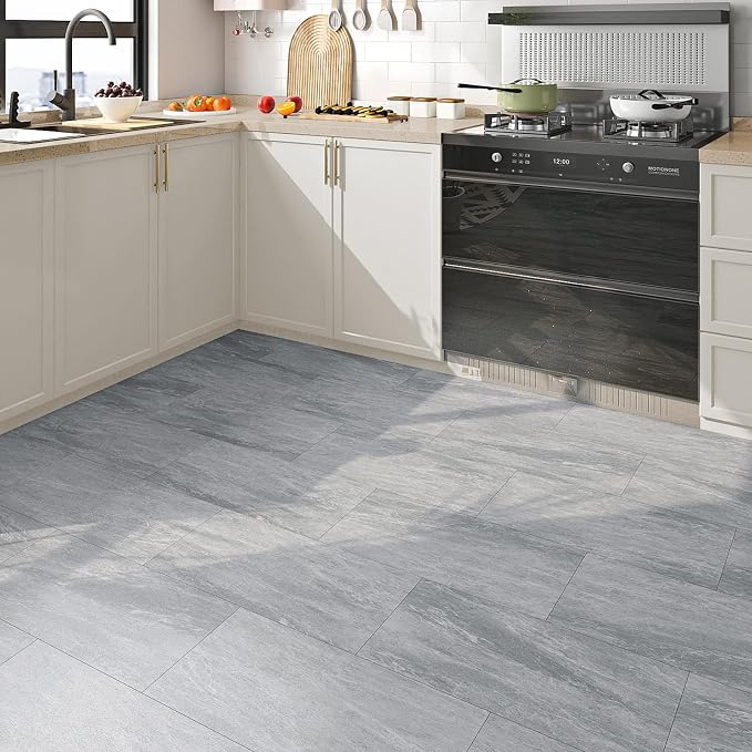 FunStick 12"x24" Grey Marble Peel and Stick Floor Tile Bathroom Floor Tiles Peel and Stick Waterproof Stick on Tiles for Kitchen Backsplash Walls Vinyl Flooring Sticky Laminate Flooring Sheets 5 Pcs