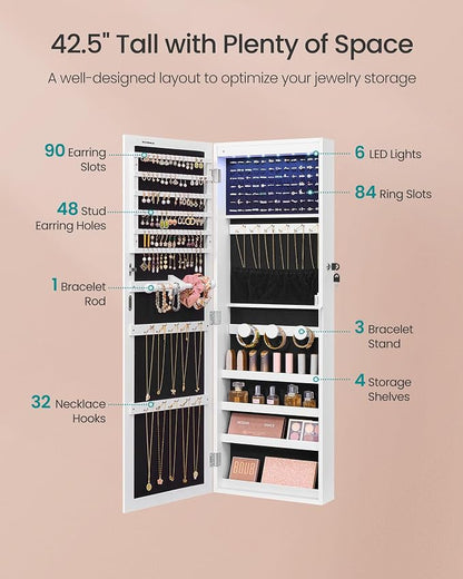 SONGMICS Jewelry Cabinet, Wall or Door Mounted Armoire with Full Length Mirror, Large Capacity Organizer, 6 LED Lights, 42.5 x 3.9 x 14.6 inch, White, BERIT Collection UJJC092W101