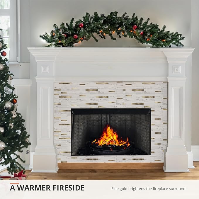 StyloVue 20 Sheets Peel and Stick Backsplash for Kitchen, Sparkle White Marble Look with Gold Metal, Glossy Finish, Stick on Tile for Kitchen Backsplash, RV, Fireplace