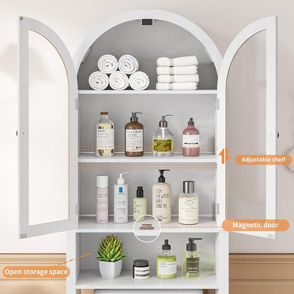 White Over The Toilet Storage Cabinet with Acrylic Doors, 4 Tier Small Bathroom Shelf Organizer, Arched Bathroom Cabinet with Adjustable Shelf, Slim Narrow Toilet Rack, Wood, Anti-Tipping Device