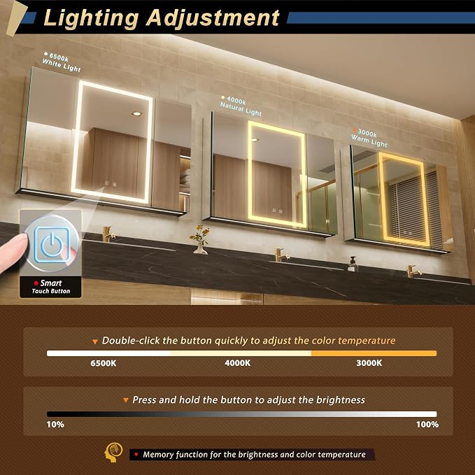 40*28 inch Three-door Aluminum LED Lighted Bathroom Medicine Mirror Cabinet | Light Adjustable, Sockets & USBs inside, Anti-Fog, Easy to Install