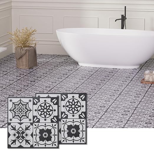 Peel and Stick Floor Tile, 30-Pack 12" x 12" Vinyl Flooring, Waterproof Self-Adhesive Luxury Vinyl Tiles, Easy DIY for Bathroom, Kitchen, Dinning Room, RV, Cover 30 Sq. Black