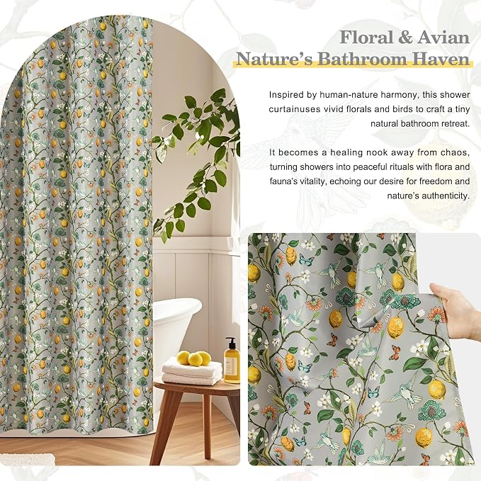 Grey Floral Bird Shower Curtain 72x72, Hummingbird and Lemon Botanical Fabric Bath Curtains, Lightweight Quick-Dry Bathroom Decor Set with Hooks