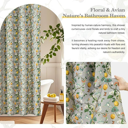 Grey Floral Bird Shower Curtain 72x72, Hummingbird and Lemon Botanical Fabric Bath Curtains, Lightweight Quick-Dry Bathroom Decor Set with Hooks