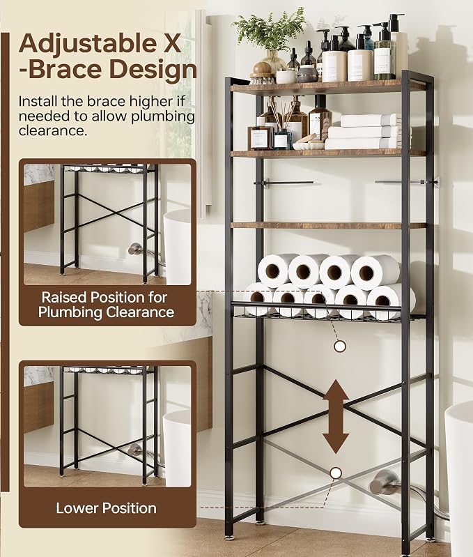 4-Tier Over-the-Toilet Storage Rack with One-Piece Wooden Shelves & Open Net Basket, Bathroom Organizer with Adjustable Feet & Anti-Tip Kit, Space-Saving Toilet Shelf, Brown, 24.4" x 9.4" x 69.3"