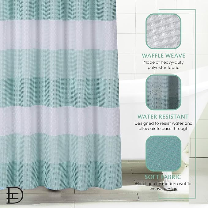 Ombre Waffle Shower Curtain with 12 Roller Ball Hooks - Spa Green 70" x 72" - Water Resistant Polyester Blend, Washable Perfect Cloth Shower Curtain for Stylish Bathrooms