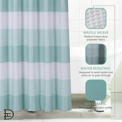 Ombre Waffle Shower Curtain with 12 Roller Ball Hooks - Spa Green 70" x 72" - Water Resistant Polyester Blend, Washable Perfect Cloth Shower Curtain for Stylish Bathrooms