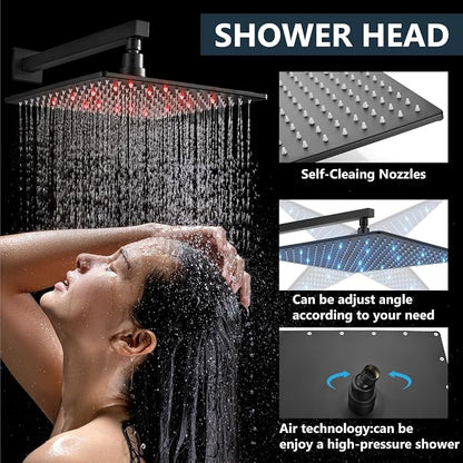 Aolemi Shower Faucet Set with Valve Handheld 16" LED Head Matte Black | Handheld Spray,16 Inch Rain LED Head,Valve and Trim Kit,All Metal,Wall Mount Shower System,Bathroom Mixer