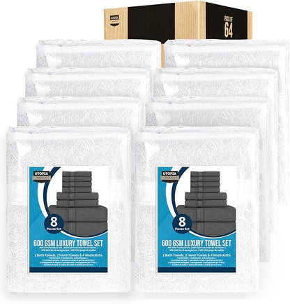 Utopia Towels Set, 16 Bath Towels, 16 Hand Towels, and 32 Washcloths, 600 GSM Ring Spun Cotton Highly Absorbent Towels for Bathroom, Shower Towel, (Pack of 64) (White)
