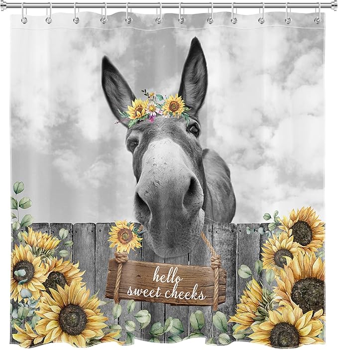 HVEST Farmhouse Donkey Shower Curtain with Hooks, Funny Western Animal and Sunflower on Fence Shower Curtain for Bathroom, Yellow Floral with Green Leaf Plant Bathroom Shower Curtain Set, 72X78 inches