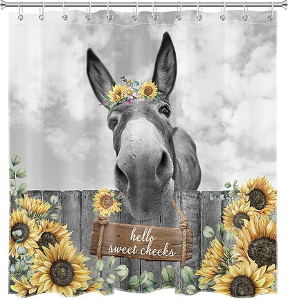 HVEST Farmhouse Donkey Shower Curtain with Hooks, Funny Western Animal and Sunflower on Fence Shower Curtain for Bathroom, Yellow Floral with Green Leaf Plant Bathroom Shower Curtain Set, 72X78 inches