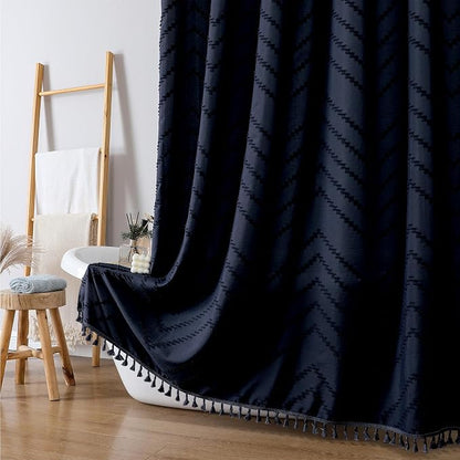 Navy Blue Fabric Shower Curtain, Boho Shower Curtains for Bathroom Chic Tufted Chevron Striped Textured with Tassel, Soft Hotel Style Farmhouse, Machine Washable, 72x78, Navy Blue