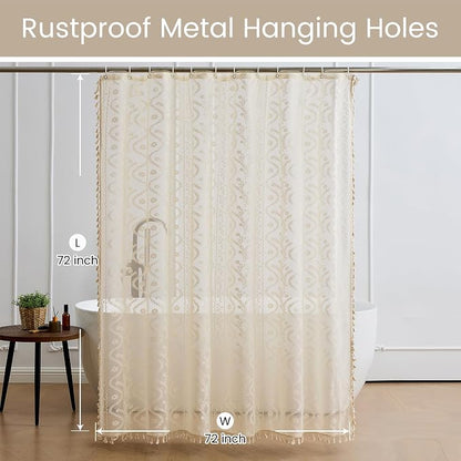 WAZZIO Vintage Lace Shower Curtain for Bathroom 72" W x 72" L, Victorian Farmhouse Floral Pattern Tassel Fancy Shower Curtain Boho Washable Cloth Decorative Bath Curtains,1 Panel