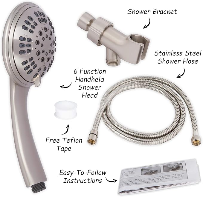 Luxury Handheld Shower Kit - 1.8 GPM - Brushed Nickel | 6 Function High Pressure Removable Hand Held Showerhead with Hose and Mount, Easy Install for Boosting Low Water Flow Baths