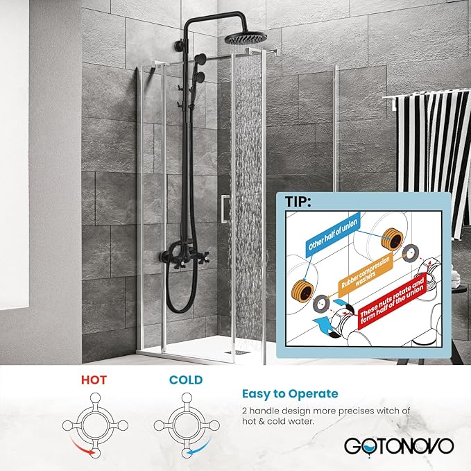 gotonovo Exposed Bathroom Shower Faucet Set Shower Fixture 8 Inch Rainfall Shower Head Handheld Shower Cross Handle Wall Mount 2 Functions Matte Black