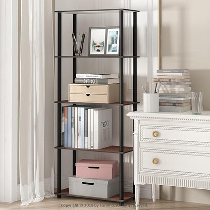 Furinno TURN-N-TUBE Storage Shelves, 5-Tier Book Shelf, Corner Shelf, Toolless Open Shelves, for Organization and Storage, Living Room, Garage, Home Office, Dark Cherry