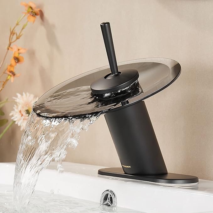 Waterfall Bathroom Sink Faucet Solid Brass Modern Circle Glass Waterfall Faucet for Basin Vanity Single Hole Pedestal Sink Faucets One Handle Corner Sink Bathroom Faucet, Short, Black