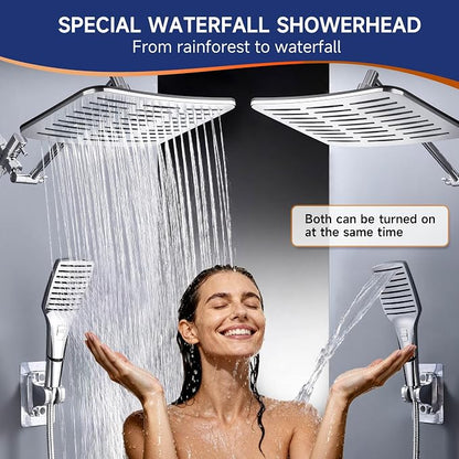 XXL 12.2" Rain Shower Head with Handheld Spray, High Pressure Combo | Height adjustable dual shower system with rainfall showerhead and handheld spray for bathroom upgrades and easy rinsing.